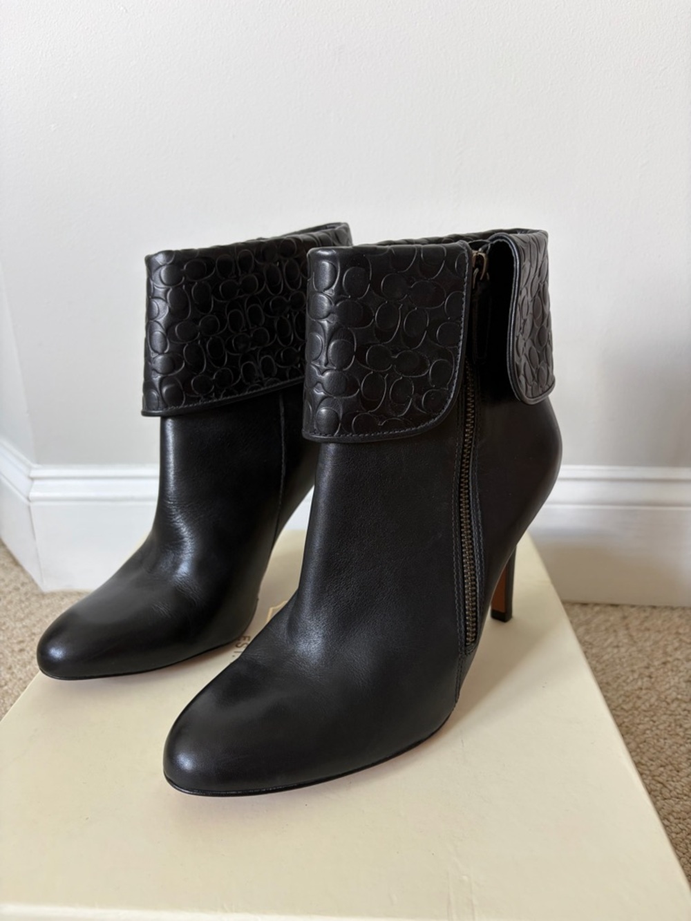 Coach Black Leather Fold-Over Cuff Ankle Booties